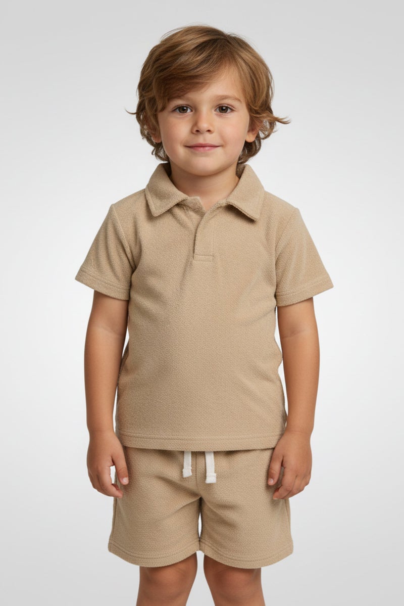 Freestyle Toddlers Boy 2 Pieces Textured Polo Shirt And Shorts Set, Beige - Image 1